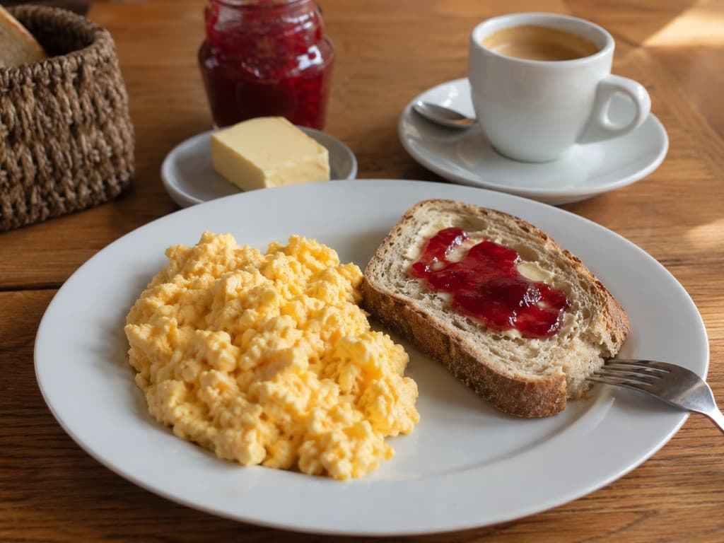 Assiette de brunch : œufs brouillés, toast et confiture