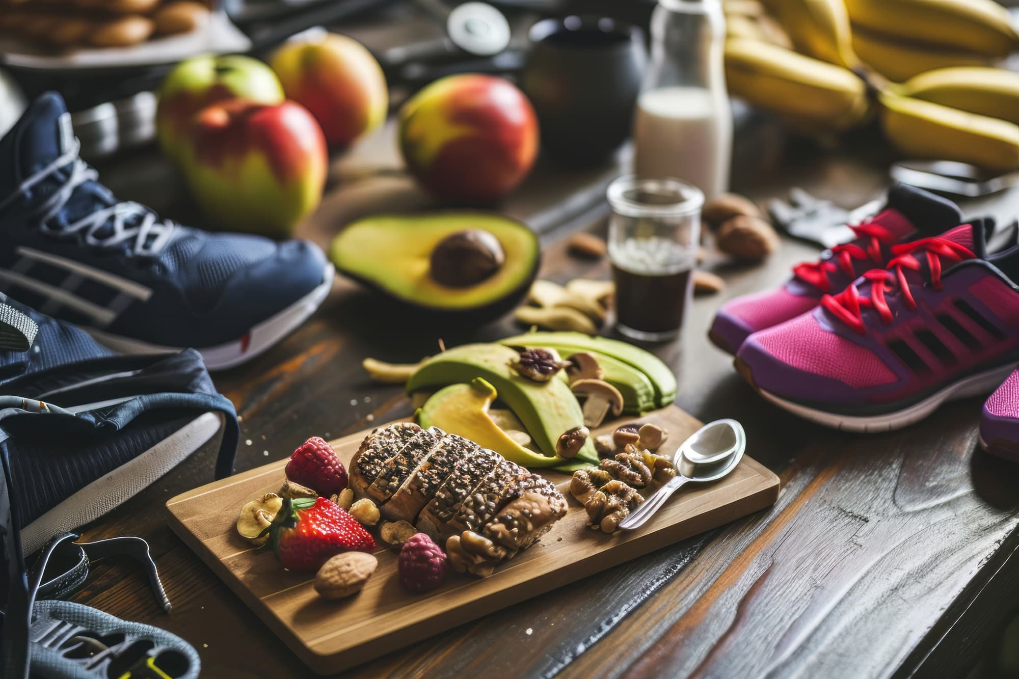Chaussures de running et brunch healthy sur une table en bois